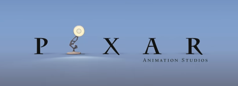 Pixar Animation Studios logo with Luxo Jr. replacing the letter 'I' in Pixar, set against a blue background.